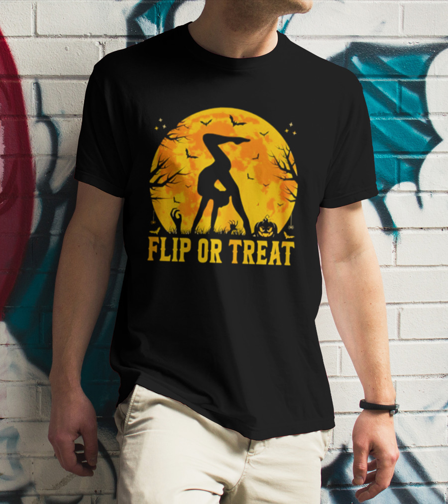 Flip Or Treat Halloween Gymnastics Moon Silhouette Spooky Pumpkin T-Shirt