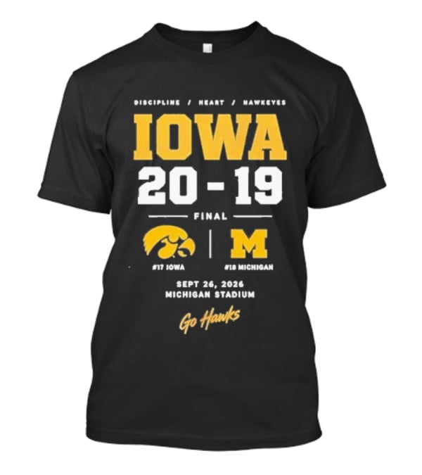 Iowa Hawkeyes Victory NCAA 2026 Vs Michigan Wolverines Final Score 20 19 Sept 26 Michigan Stadium Go Hawks Football Fans T-Shirt