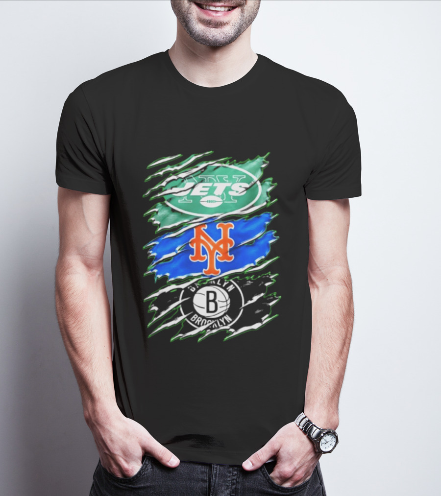 New York Jets Mets Brooklyn Nets Scratch Logo Mashup T-Shirt