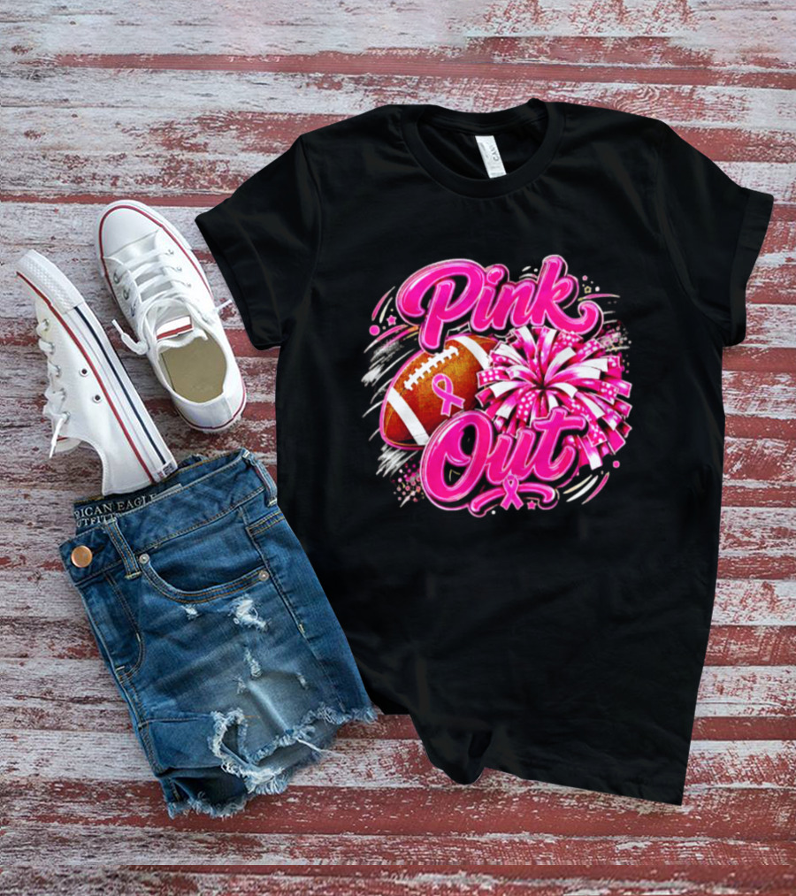Pink Out Breast Cancer Awareness Football Cheerleading Pom Poms T-Shirt