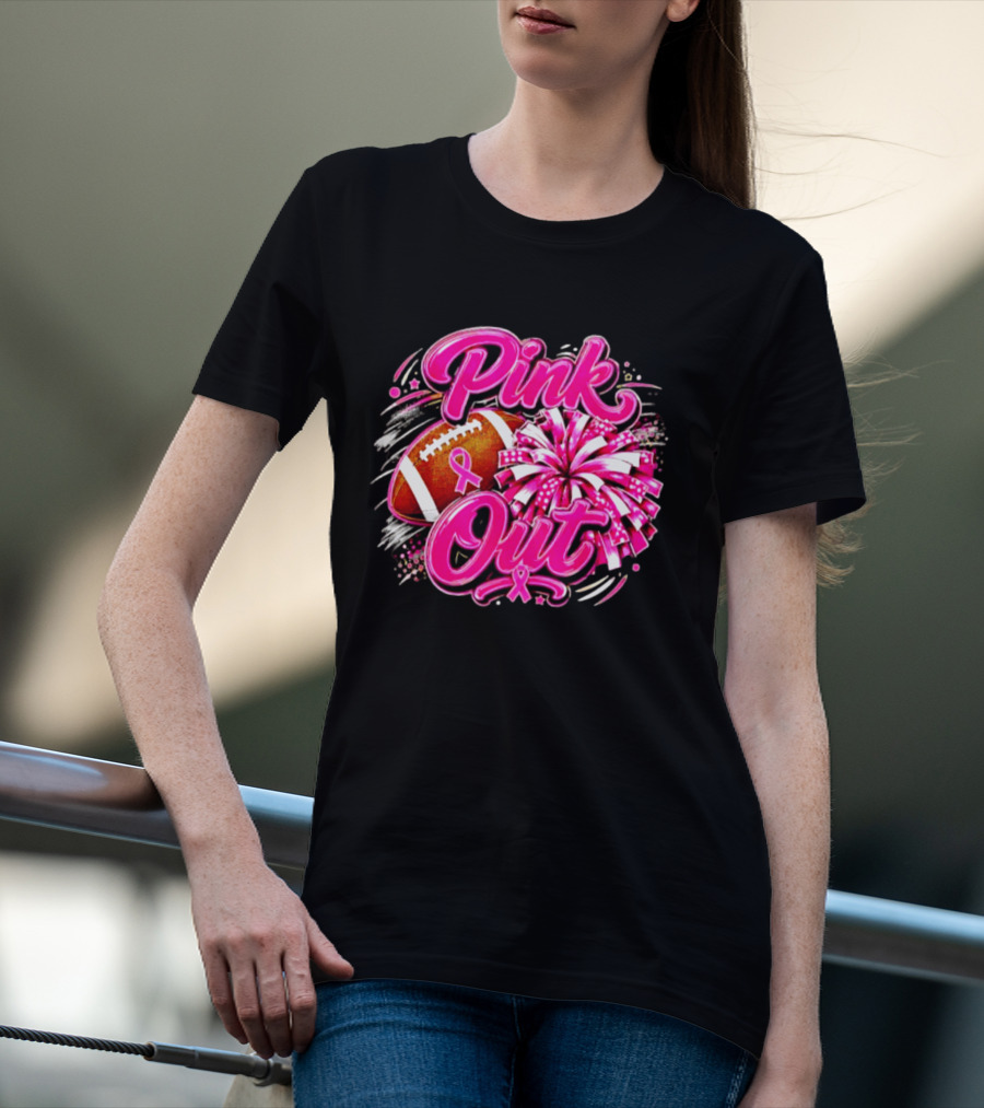 Pink Out Breast Cancer Awareness Football Cheerleading Pom Poms T-Shirt