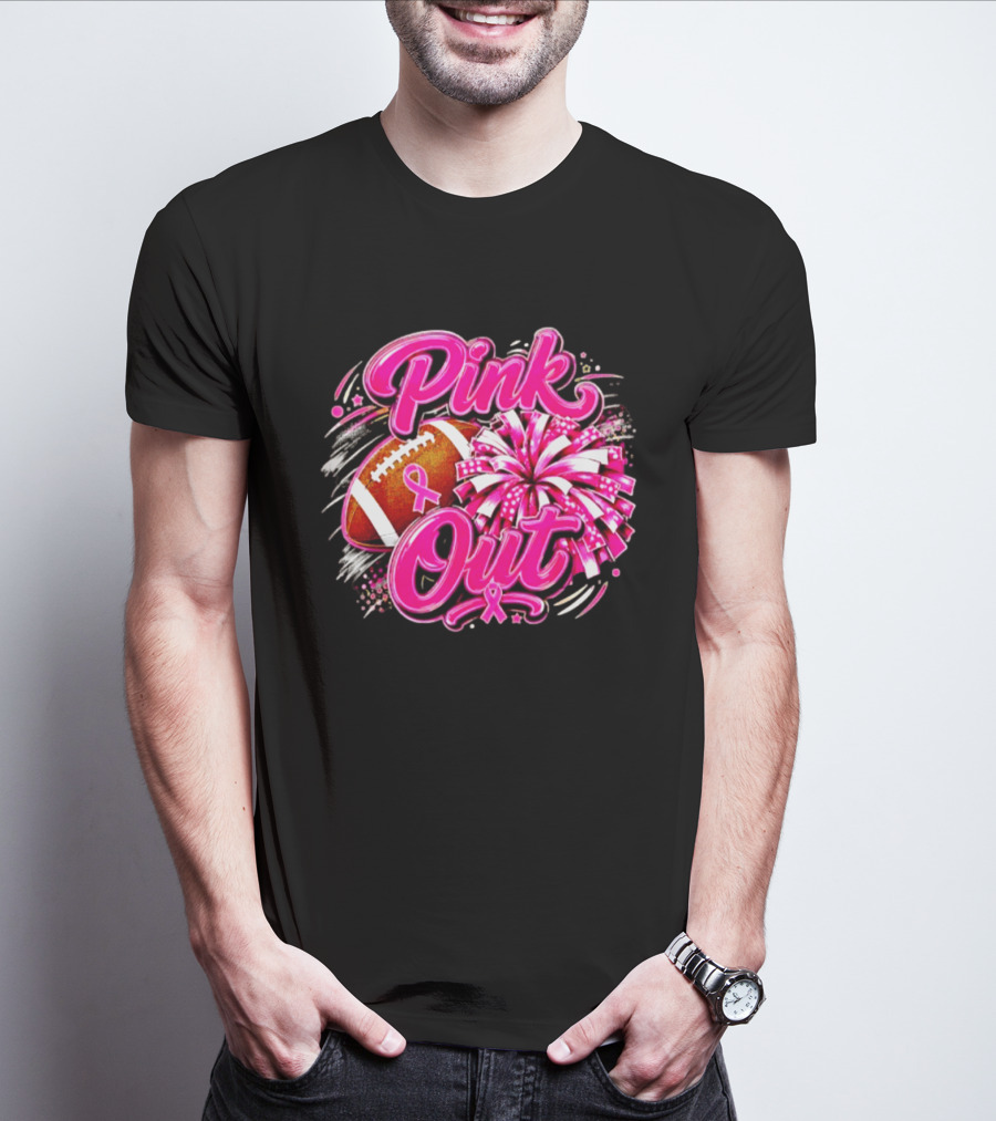Pink Out Breast Cancer Awareness Football Cheerleading Pom Poms T-Shirt