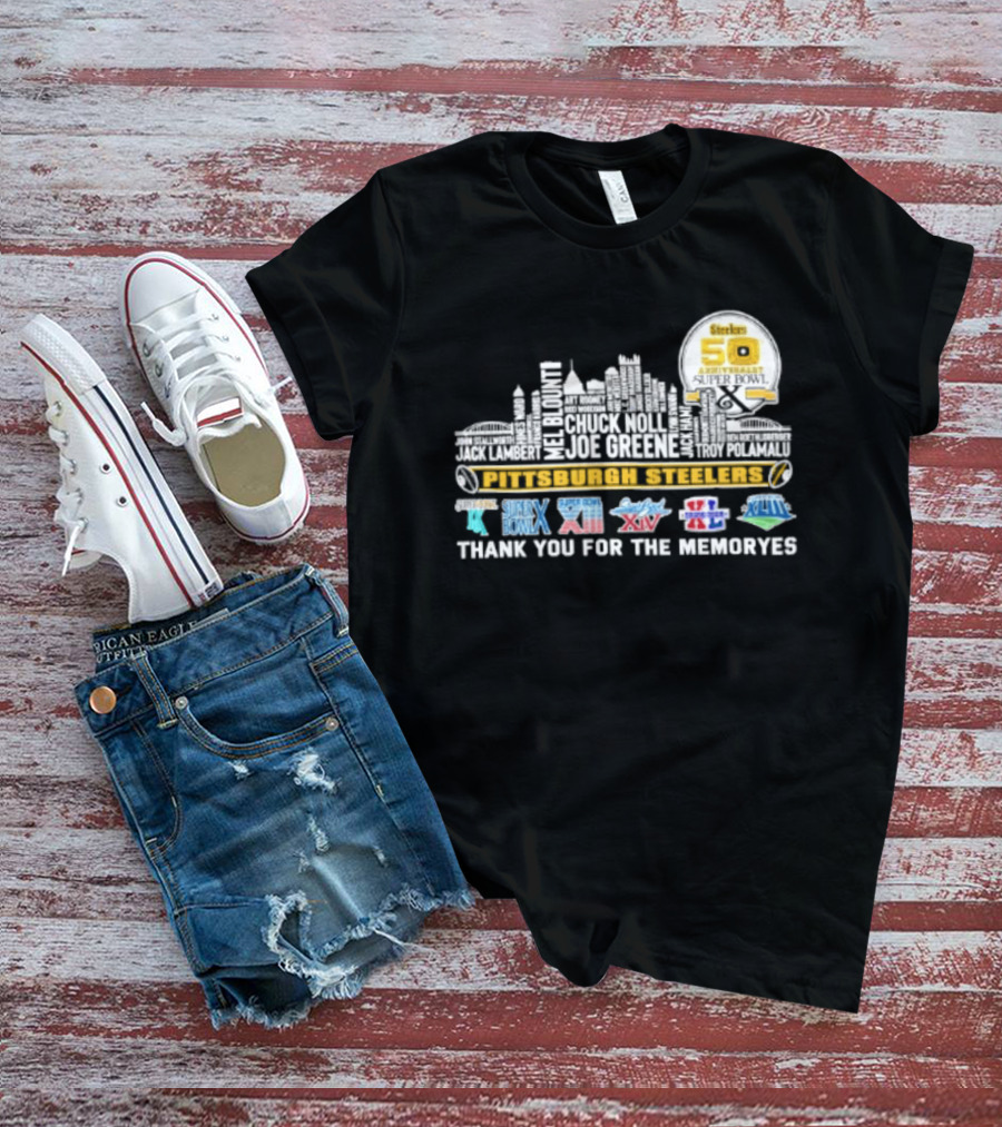 Pittsburgh Steelers Skyline 50th Anniversary Super Bowl Logos Thank You For The Memories T-Shirt