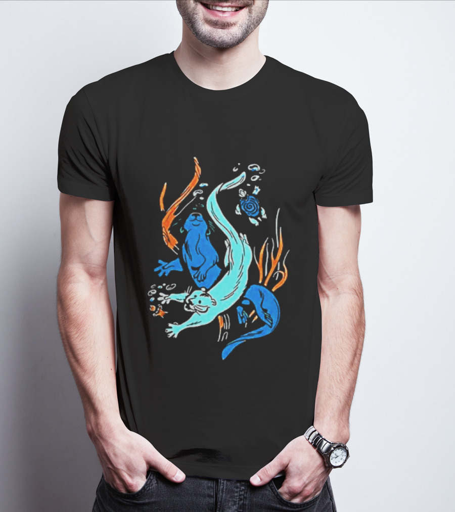 Swimming Otters Sea Life Ocean Nature Wildlife Playful Underwater Scene T-Shirt