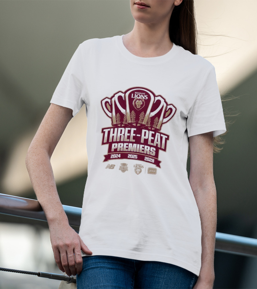 Brisbane Lions Three Peat Premiers 2024 2025 2026 AFL Trophy T-Shirt