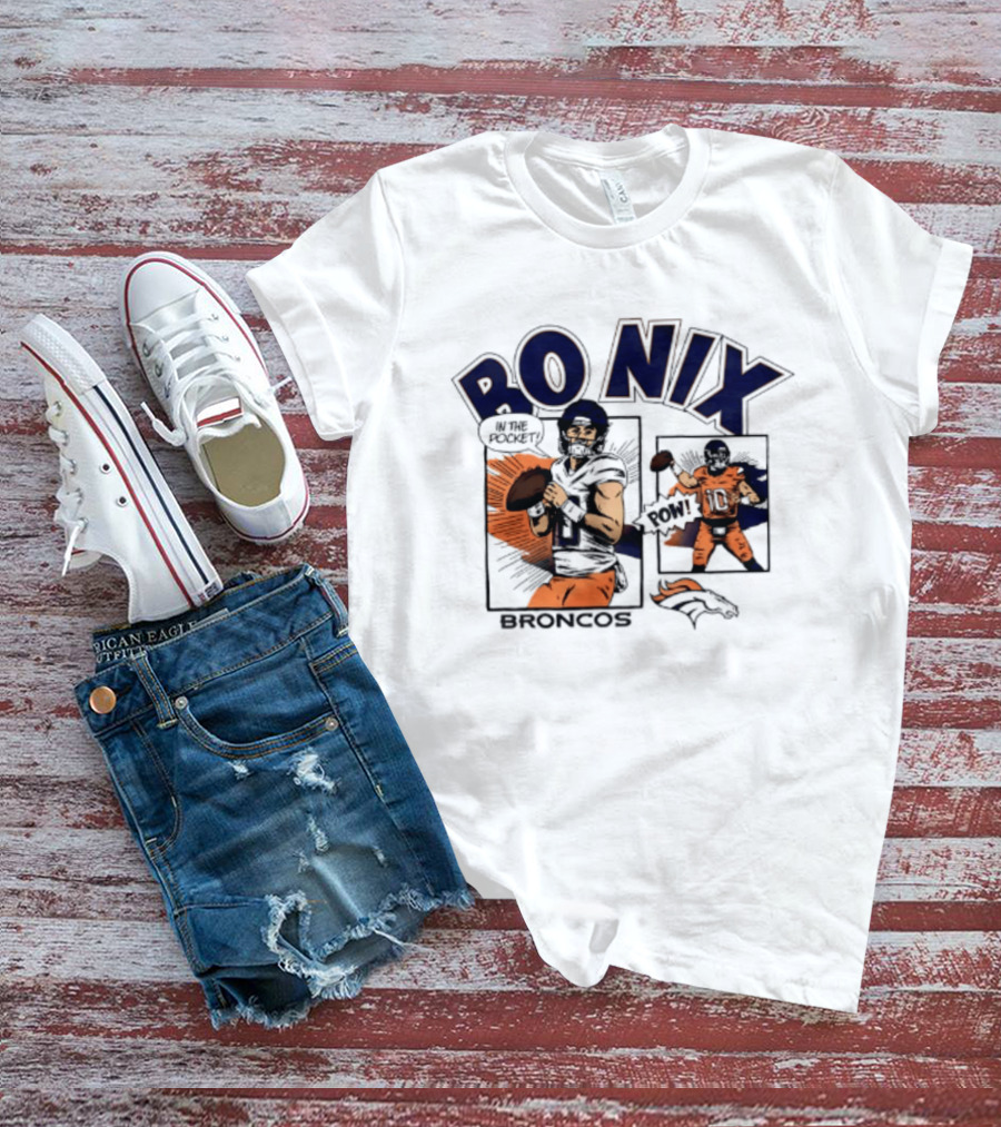 Bo Nix Broncos Comic Pow In The Pocket T-Shirt