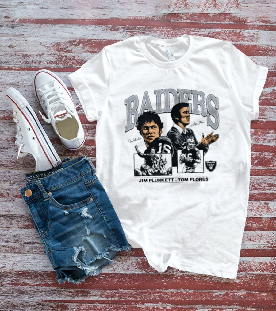 RAIDERS Jim Plunkett Tom Flores Las Vegas Football Signatures T-Shirt