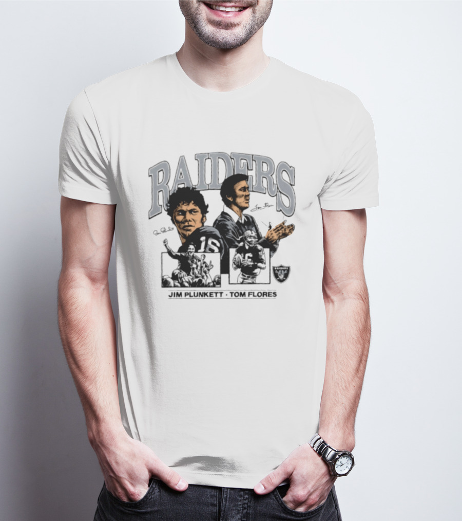 RAIDERS Jim Plunkett Tom Flores Las Vegas Football Signatures T-Shirt