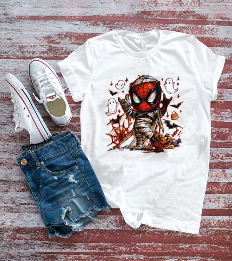 Spider Man Mummy Marvel Halloween Spidey Ghosts Bats Candy Corn Pumpkin T-Shirt