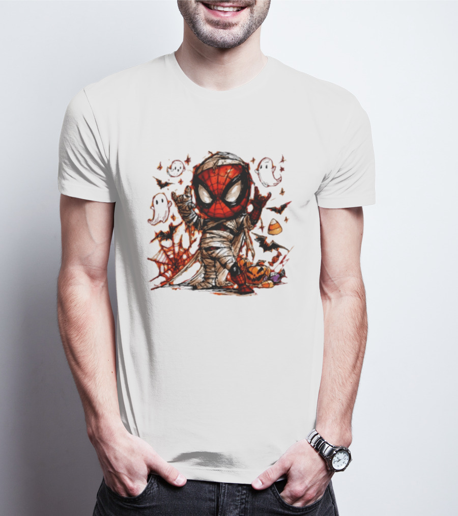Spider Man Mummy Marvel Halloween Spidey Ghosts Bats Candy Corn Pumpkin T-Shirt