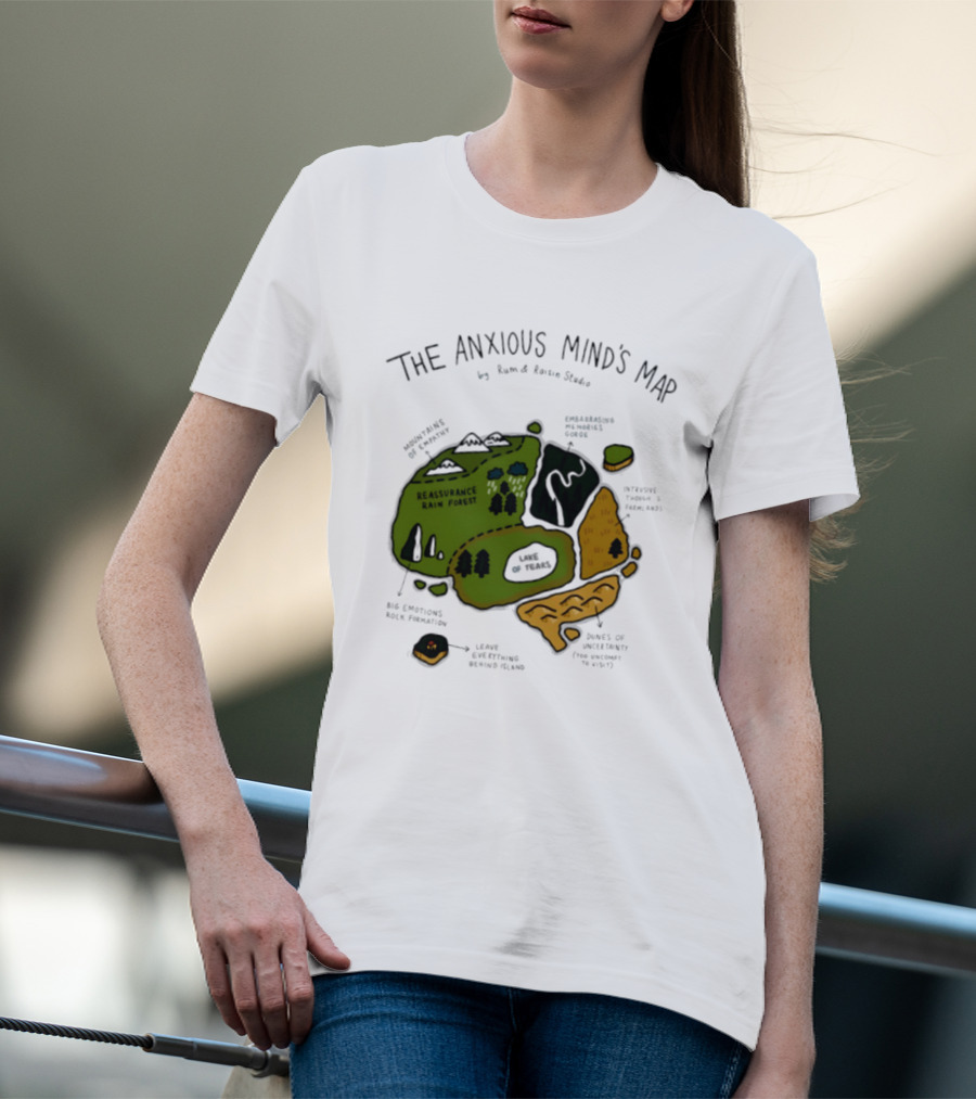 The Anxious Mind's Map Rum & Raisin Studio Reassurance Rain Forest Expectations Plateau Attack Of Panic Peaks T-Shirt