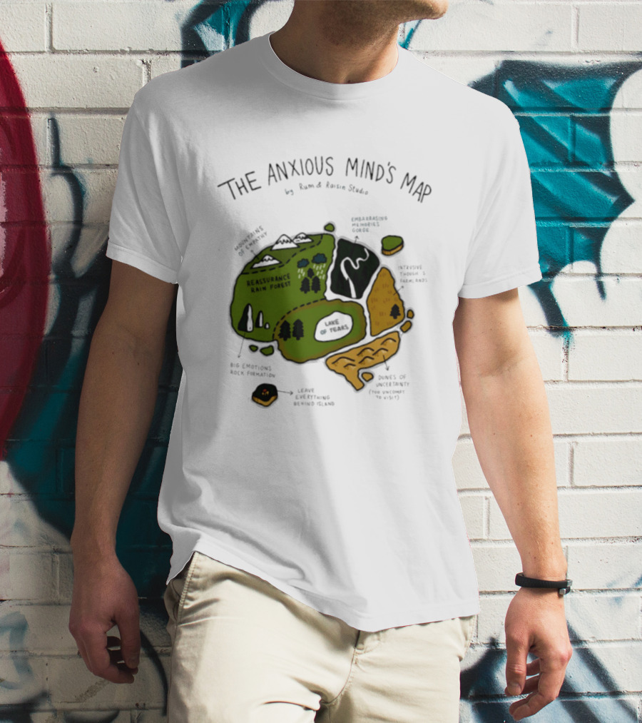 The Anxious Mind's Map Rum & Raisin Studio Reassurance Rain Forest Expectations Plateau Attack Of Panic Peaks T-Shirt