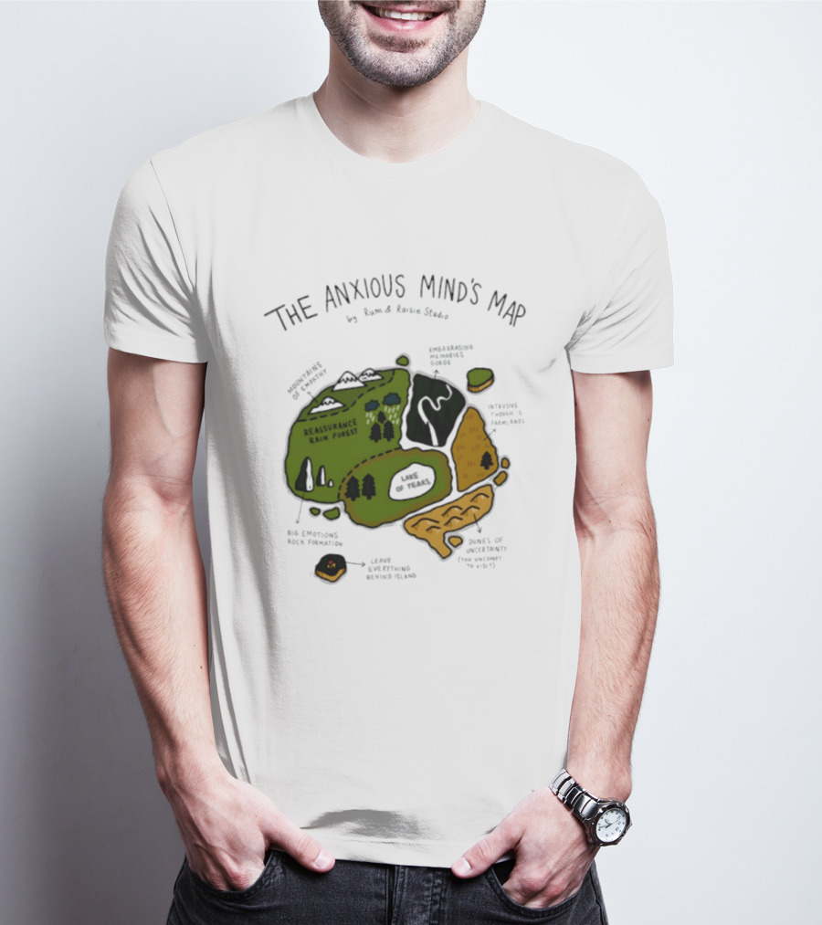The Anxious Mind's Map Rum & Raisin Studio Reassurance Rain Forest Expectations Plateau Attack Of Panic Peaks T-Shirt