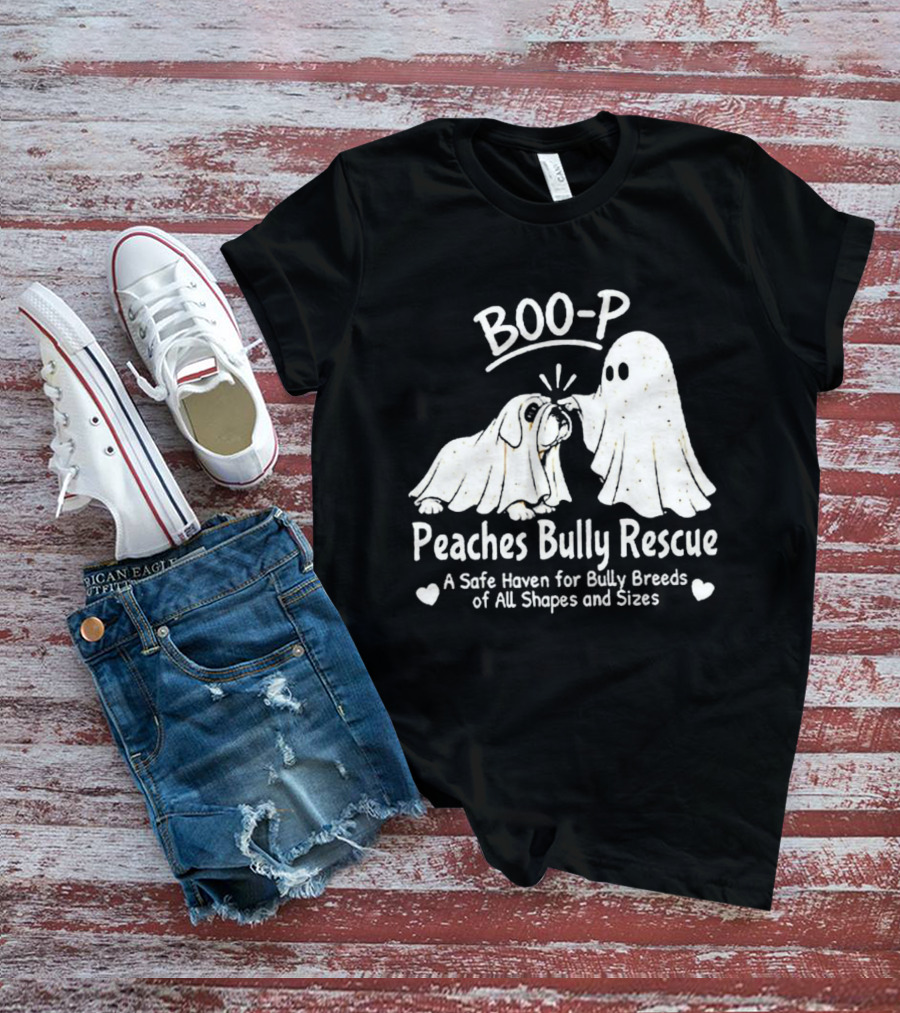 Boo P Peaches Bully Rescue Safe Haven For Bully Breeds Halloween Ghost Dog T-Shirt