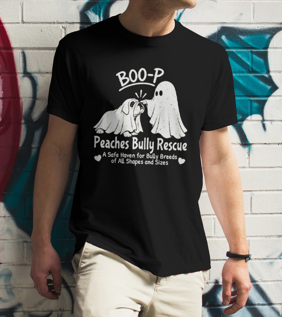 Boo P Peaches Bully Rescue Safe Haven For Bully Breeds Halloween Ghost Dog T-Shirt