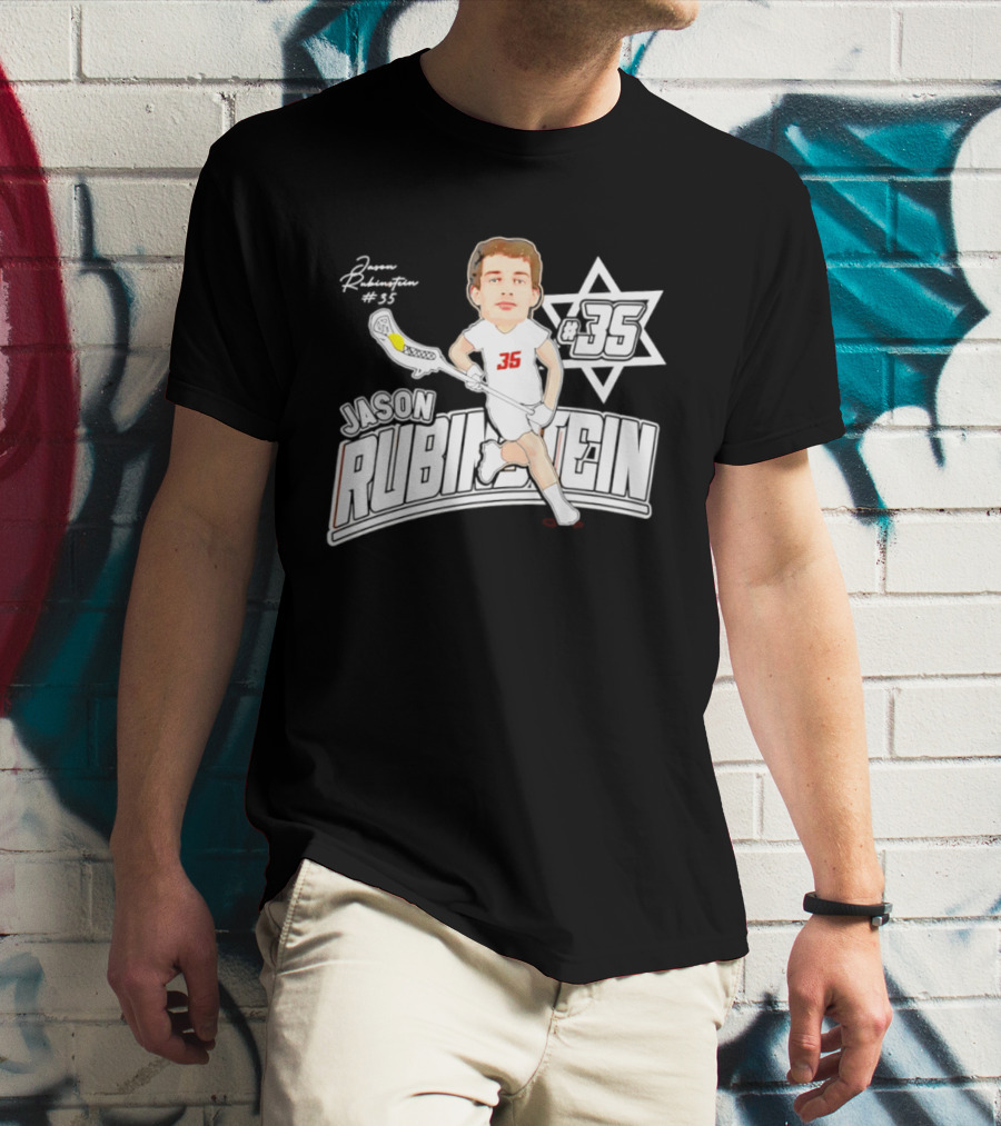 Jason Rubinstein Number 35 Lacrosse Jewish Star Caricature NCAA Rhodes T-Shirt