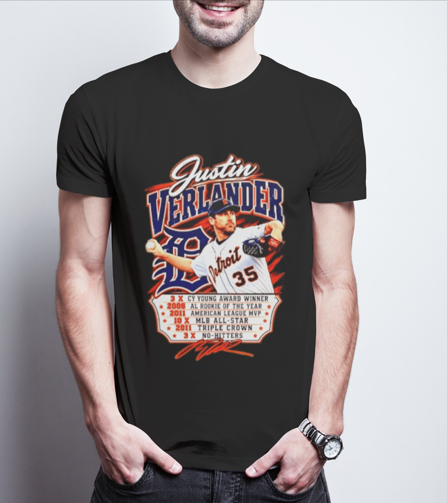 Justin Verlander Detroit Tigers Triple Crown 3x Cy Young 2011 MVP MLB All Star No Hitters T-Shirt