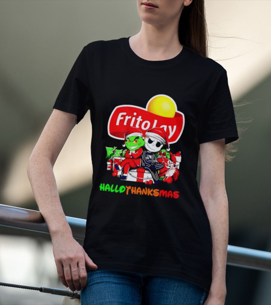 Frito Lay Grinch Jack Skellington Hallothanksmas 2026 Christmas Santa Hats T-Shirt