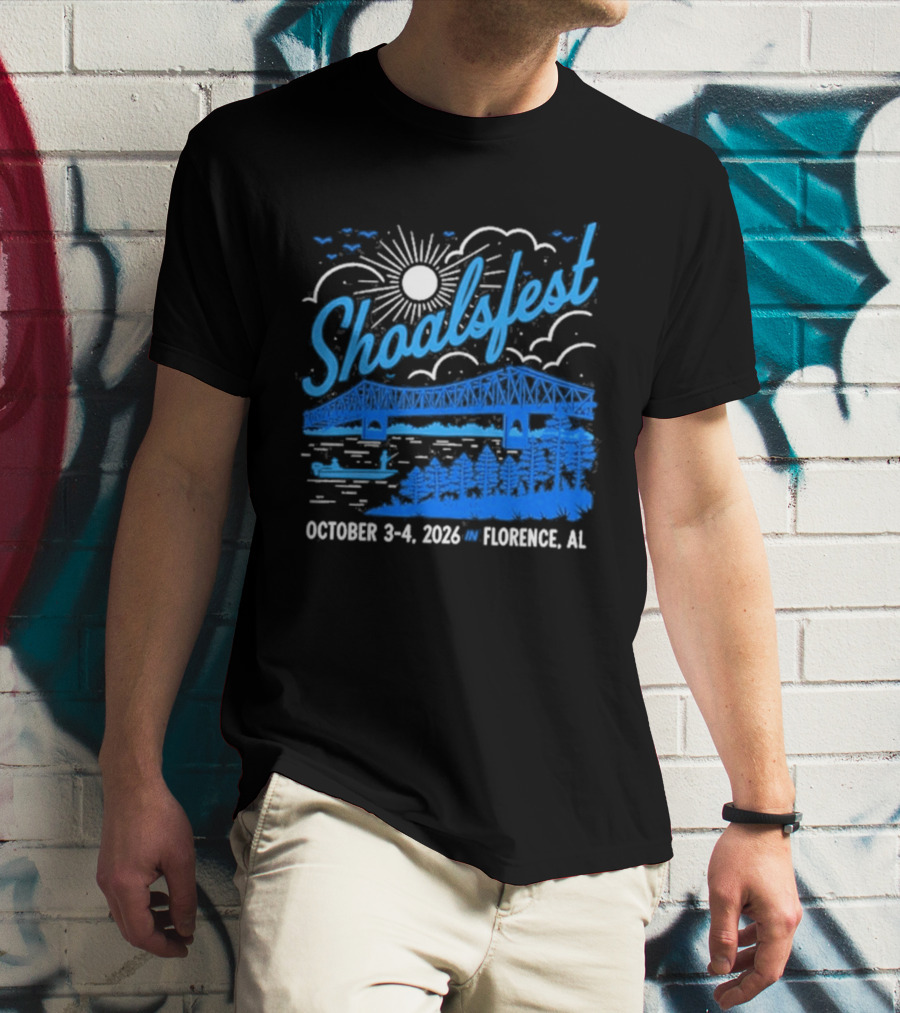 ShoalsFest October 3 4 2026 McFarland Park Florence Alabama Event With Bridge Illustration And Sun T-Shirt