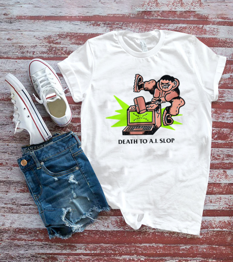 Death To AI Slop Digital Technology Revolution Sledgehammer Laptop Destruction T-Shirt