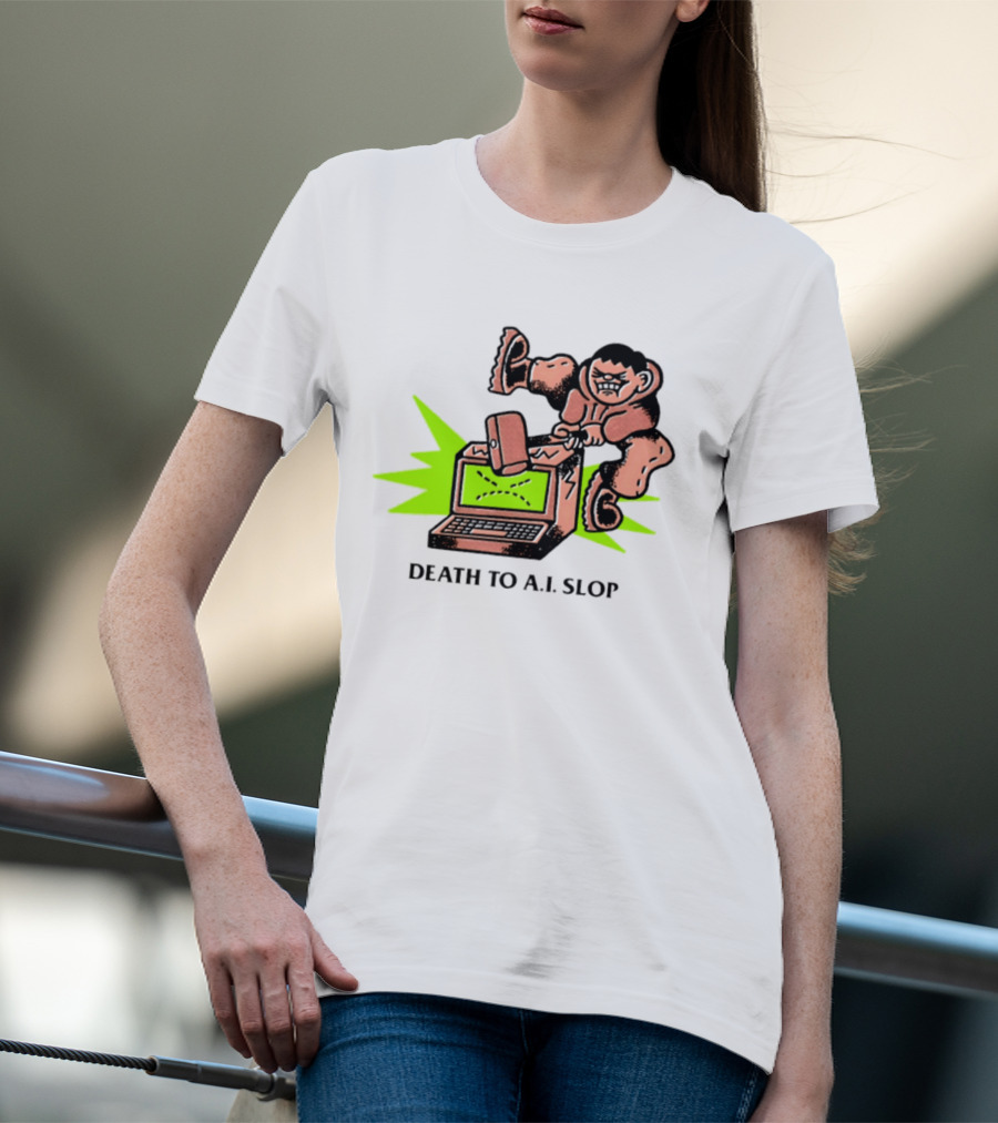 Death To AI Slop Digital Technology Revolution Sledgehammer Laptop Destruction T-Shirt