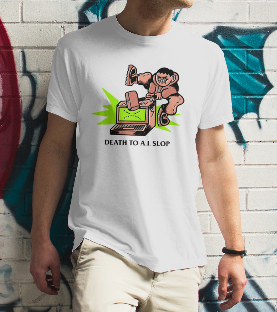 Death To AI Slop Digital Technology Revolution Sledgehammer Laptop Destruction T-Shirt