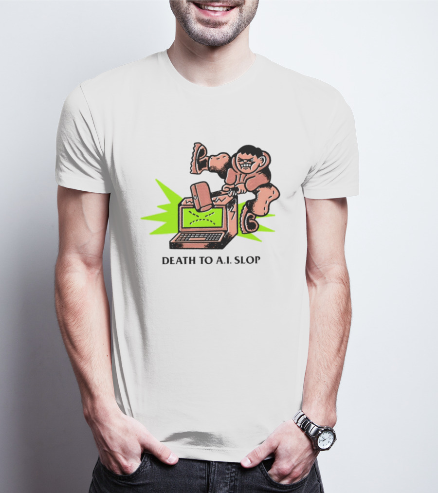 Death To AI Slop Digital Technology Revolution Sledgehammer Laptop Destruction T-Shirt