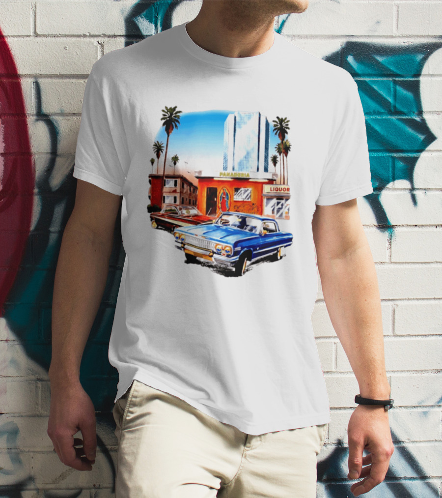 Panaderia Liquor Lowrider Scene With Vintage Cars And Palms T-Shirt