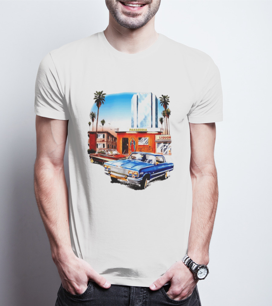 Panaderia Liquor Lowrider Scene With Vintage Cars And Palms T-Shirt