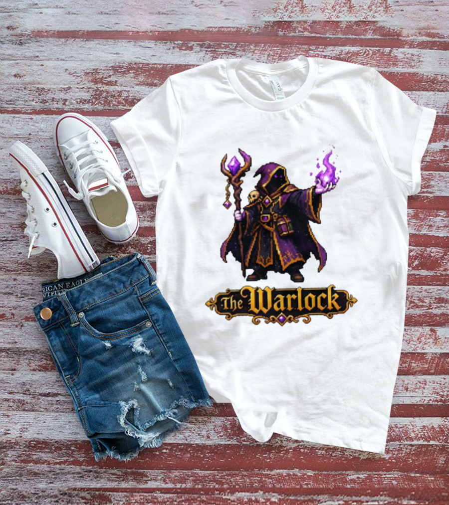The Warlock Pixel Fantasy Mage RPG Cloaked Wizard With Staff And Magic Spell T-Shirt