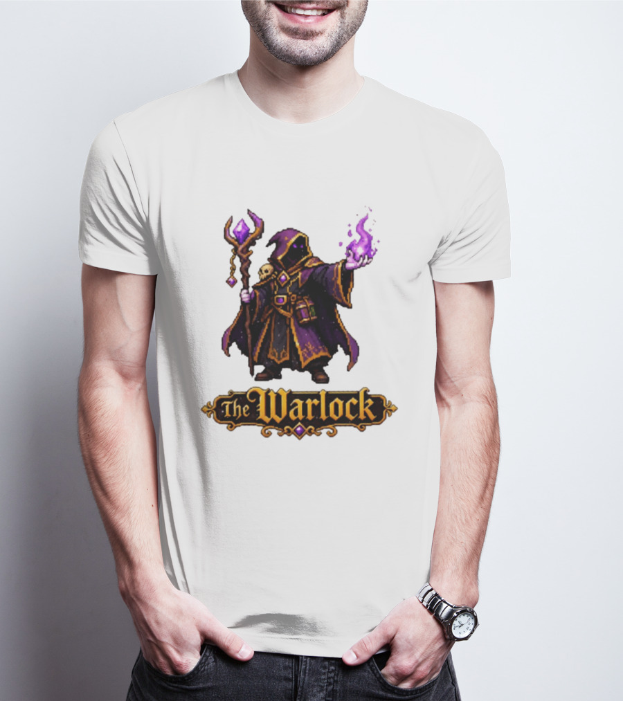 The Warlock Pixel Fantasy Mage RPG Cloaked Wizard With Staff And Magic Spell T-Shirt