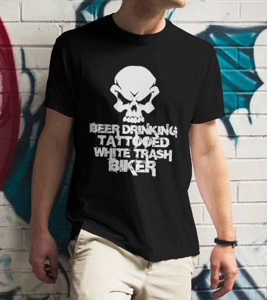 Beer Drinking Tattooed White Trash Biker Skull T-Shirt