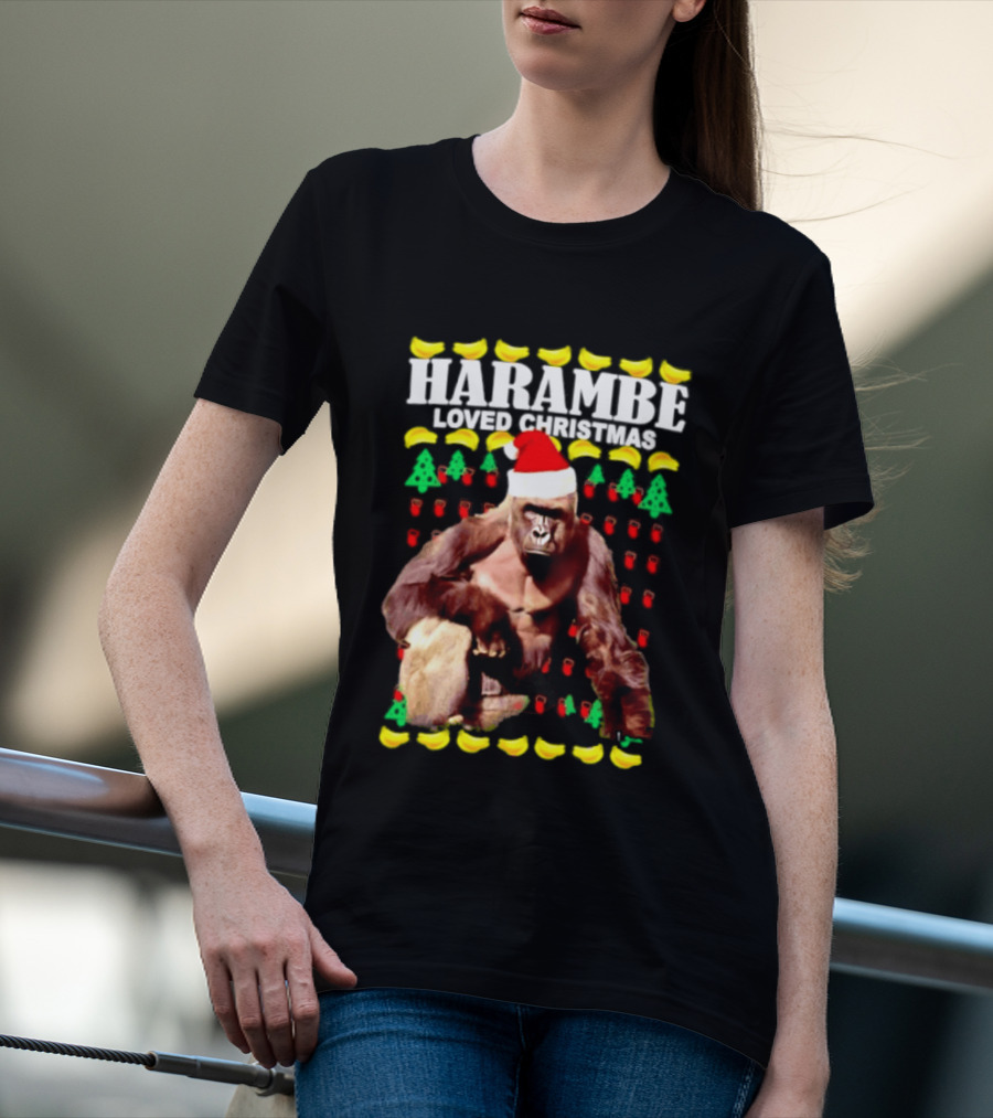 Harambe Loved Christmas Gorilla In Santa Hat With Bananas And Trees T-Shirt