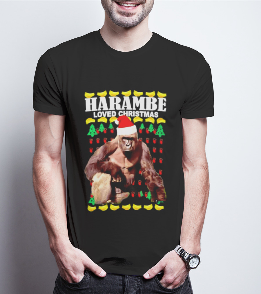 Harambe Loved Christmas Gorilla In Santa Hat With Bananas And Trees T-Shirt