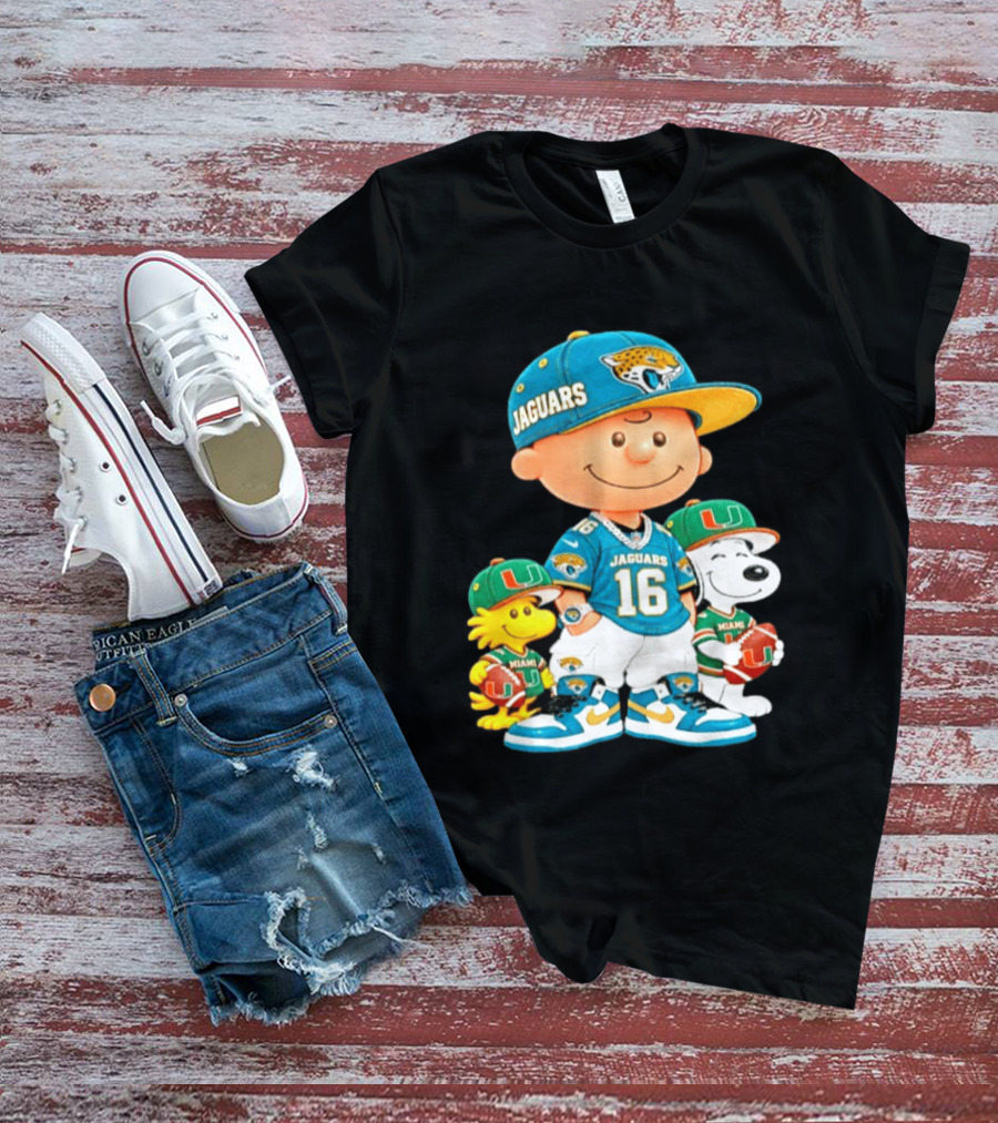 Peanuts Charlie Brown Snoopy Woodstock Jacksonville Jaguars Miami Hurricanes Football Fan Gear T-Shirt