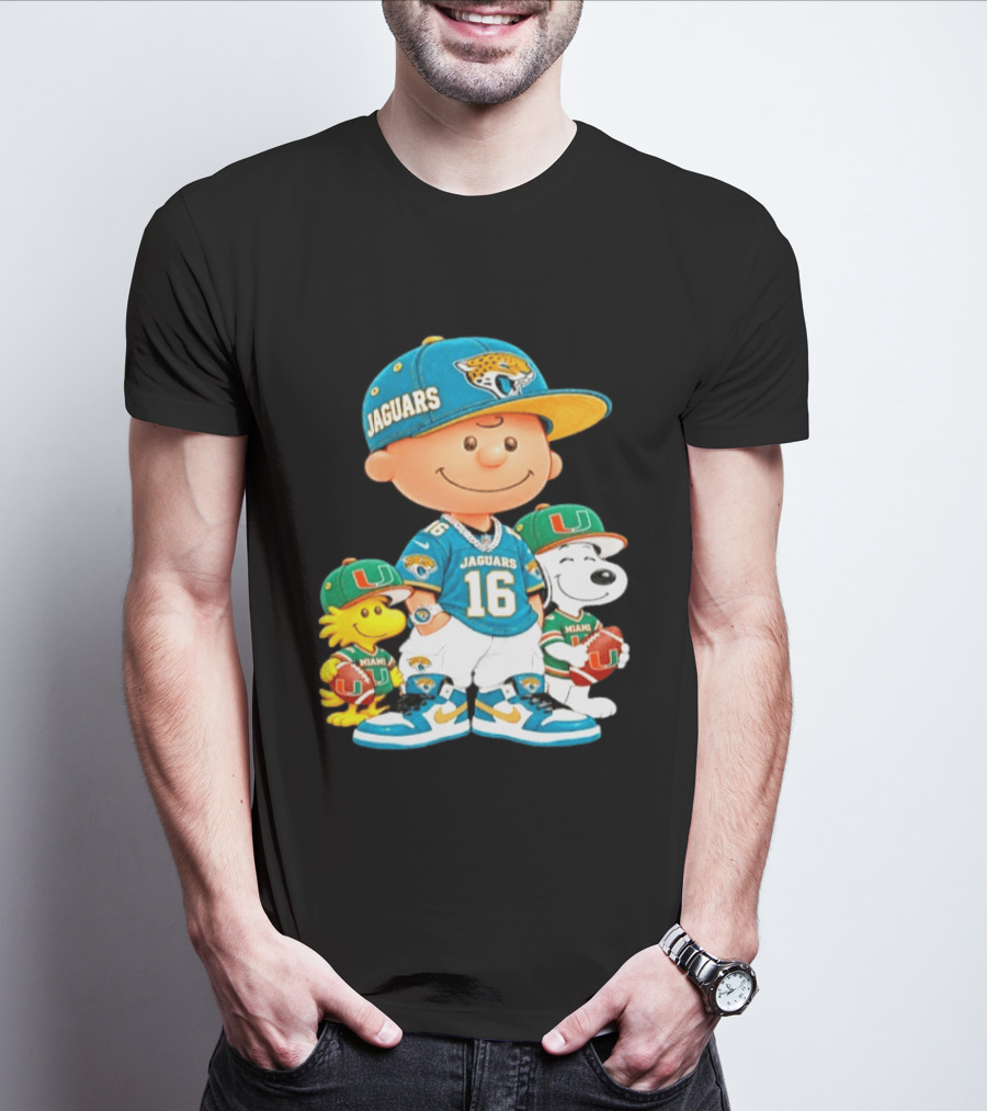 Peanuts Charlie Brown Snoopy Woodstock Jacksonville Jaguars Miami Hurricanes Football Fan Gear T-Shirt