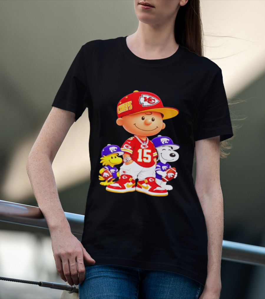 Charlie Brown Snoopy Woodstock Kansas City Chiefs 15 Football Peanuts Characters NFL Team Sports Gear T-Shirt