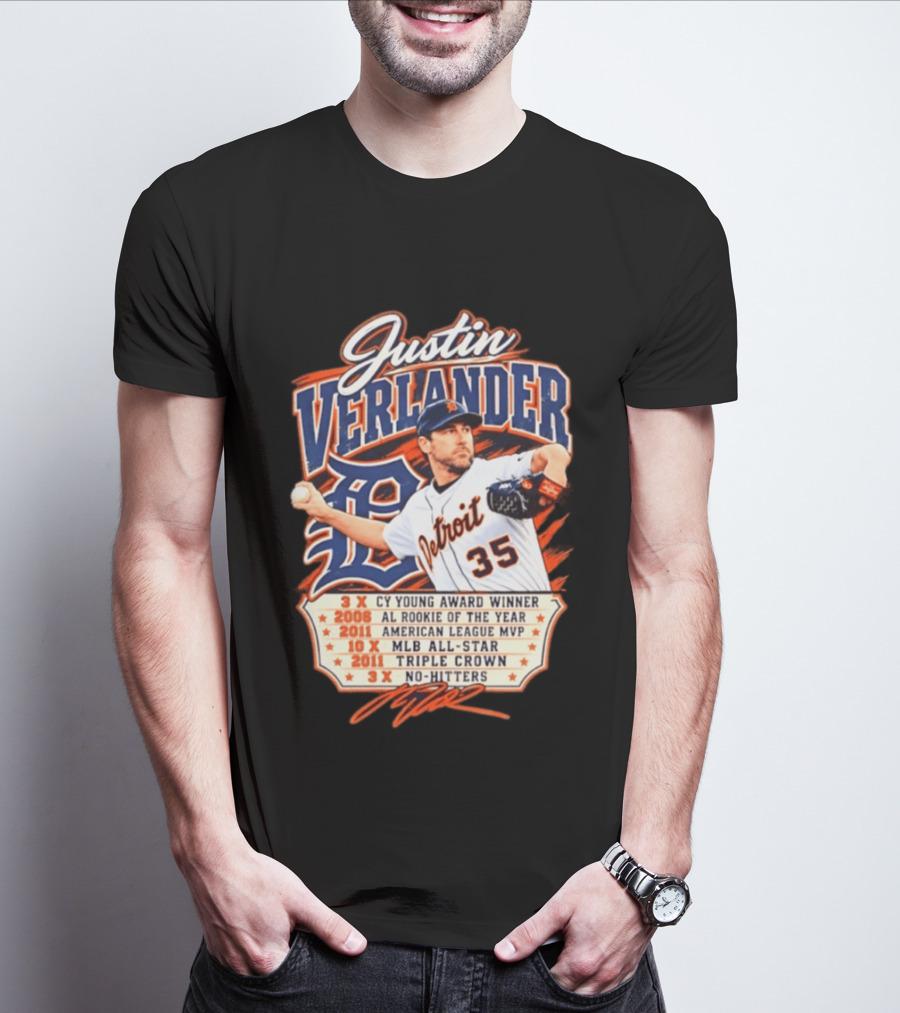 Justin Verlander Detroit Tigers Career 3x Cy Young Award Winner AL Rookie Of The Year 2011 American League MVP MLB All Star Triple Crown No Hitters T-Shirt