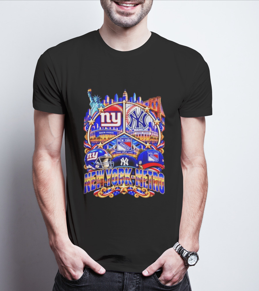 New York Metro Giants Yankees Rangers Skyline Stadium Statue Liberty T-Shirt