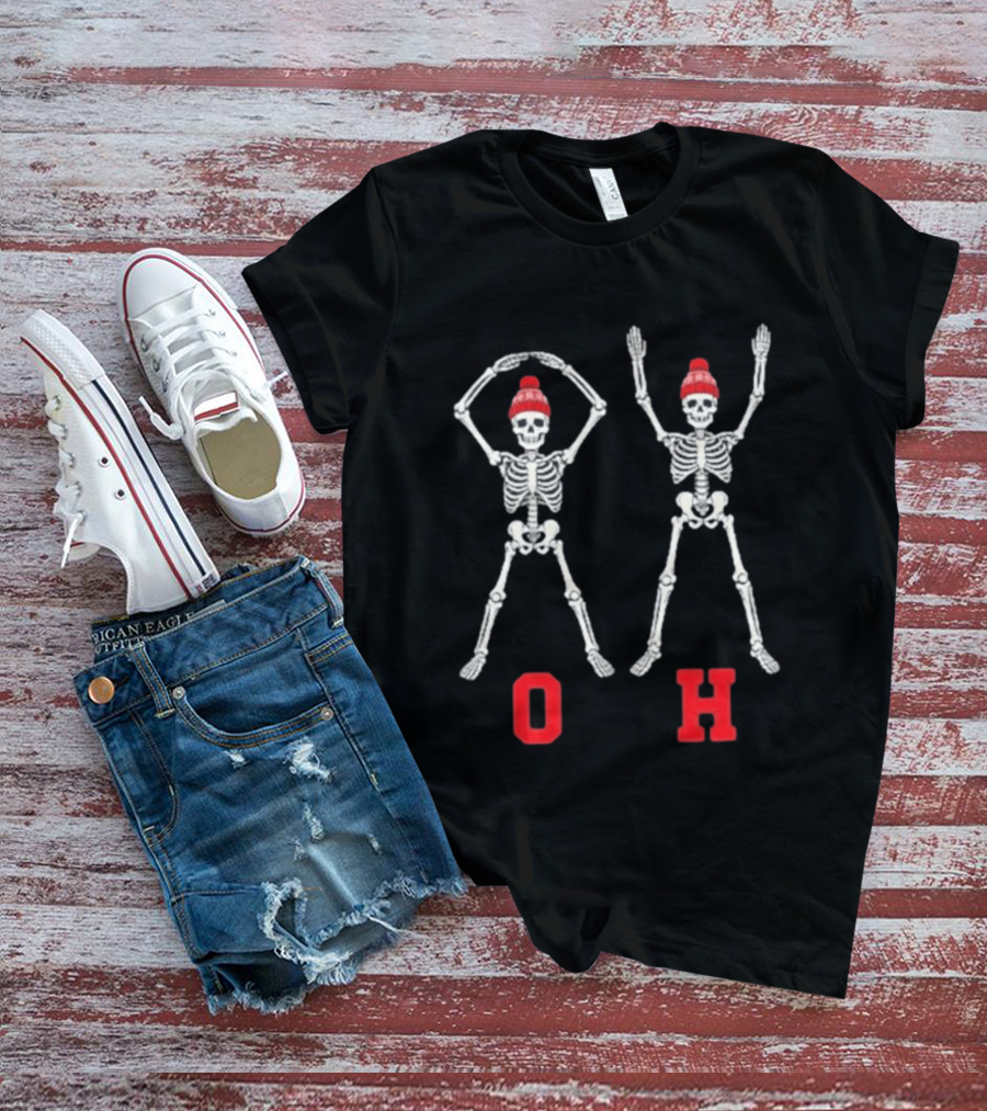 OH IO Skeleton Red Beanie Halloween Costume T-Shirt