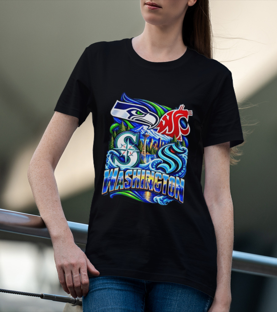 Seattle Seahawks Washington State Cougars Mariners Kraken Washington Skyline T-Shirt
