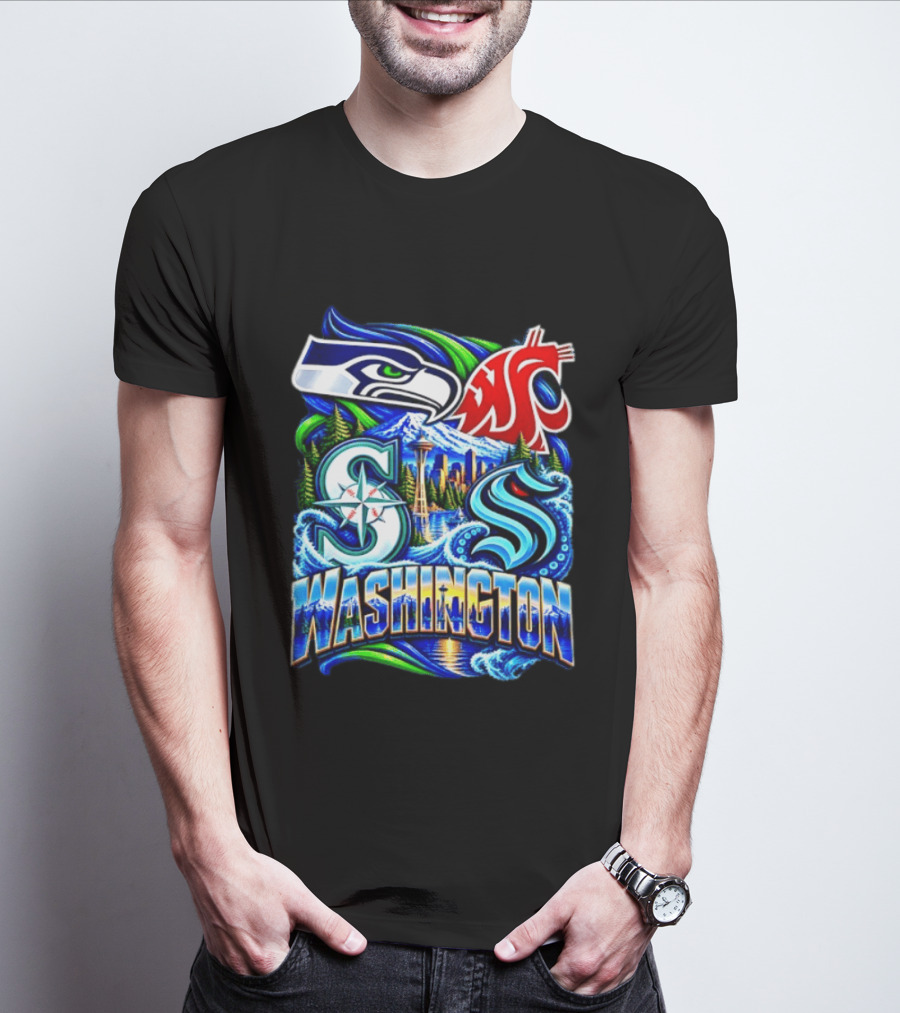 Seattle Seahawks Washington State Cougars Mariners Kraken Washington Skyline T-Shirt