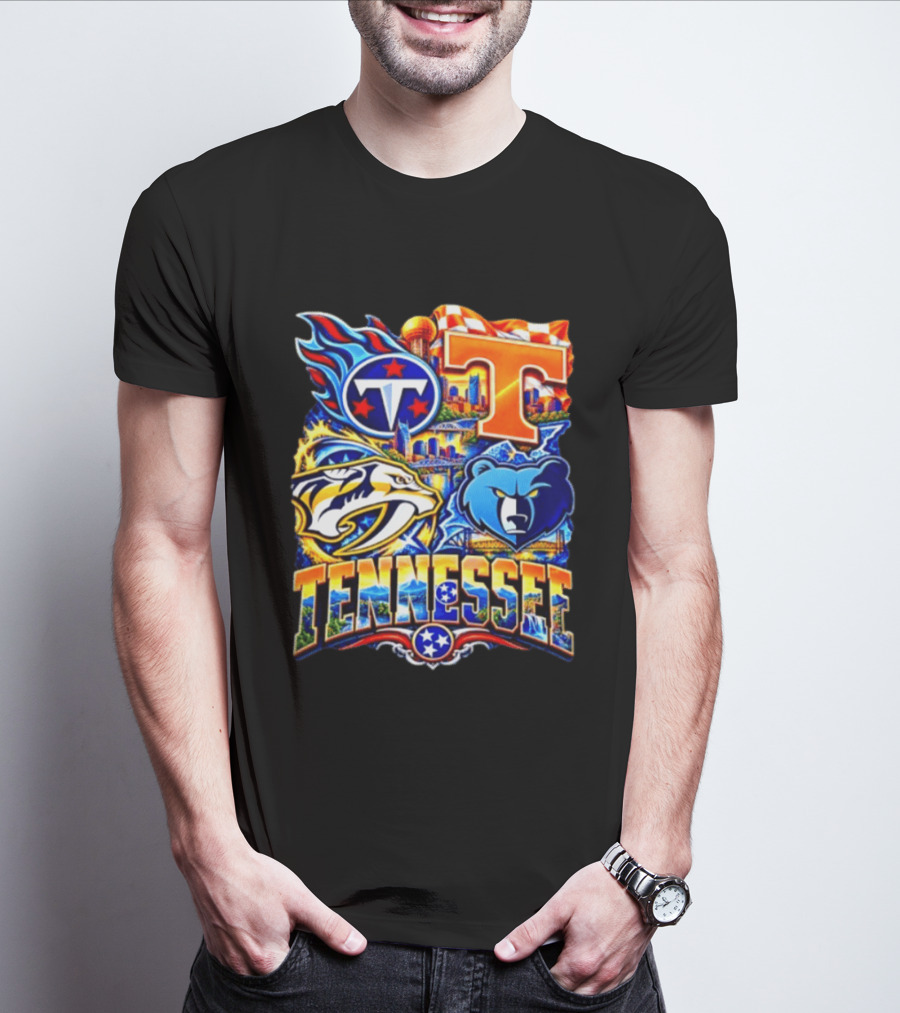 Tennessee Titans Nashville Predators Memphis Grizzlies Volunteers Sports Emblems T-Shirt