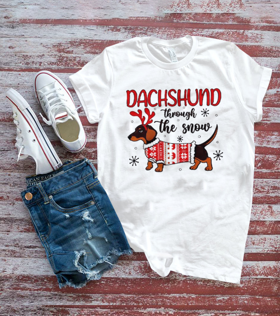 Dachshund Through The Snow Christmas Dog Lover Reindeer Antlers Winter Holiday Sweater T-Shirt