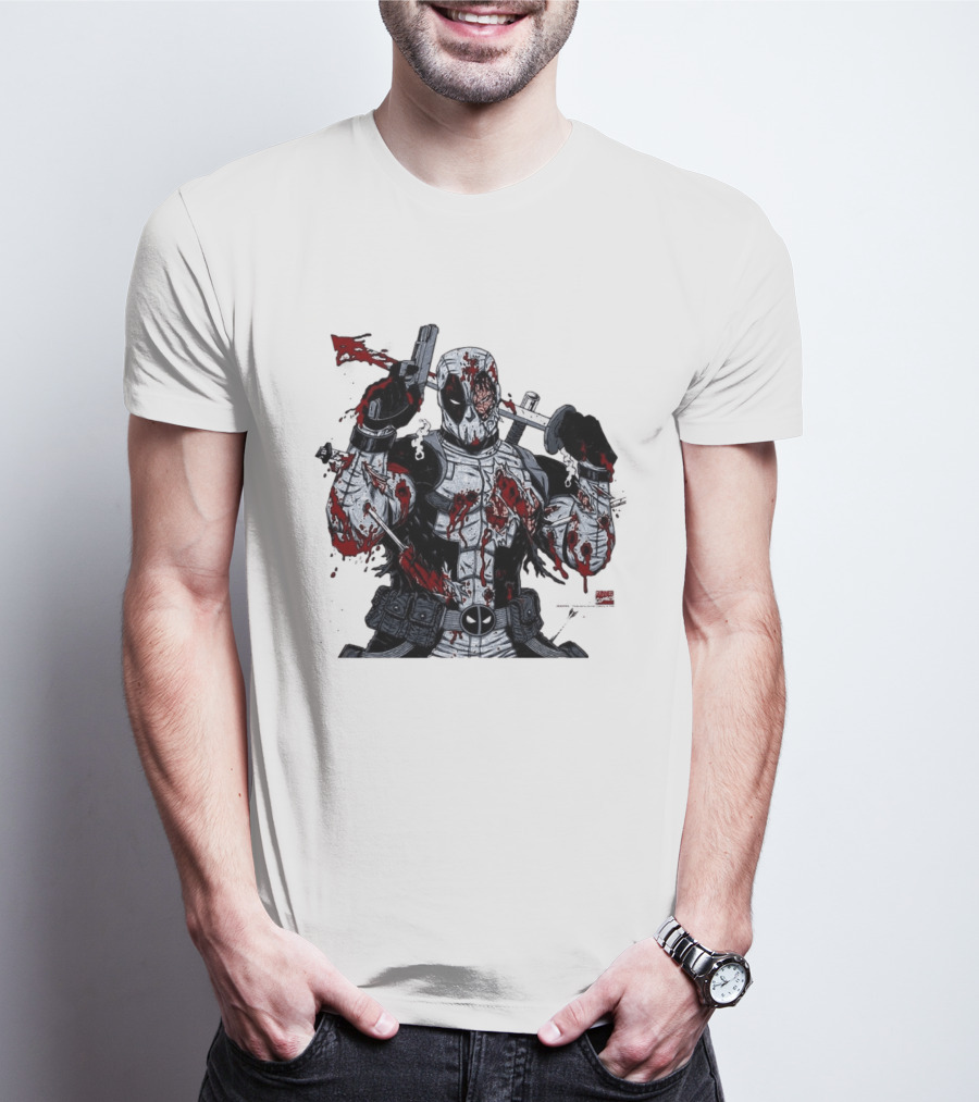 Deadpool Battle Damaged Bloody Swords Katana Gunner Comics Hero T-Shirt