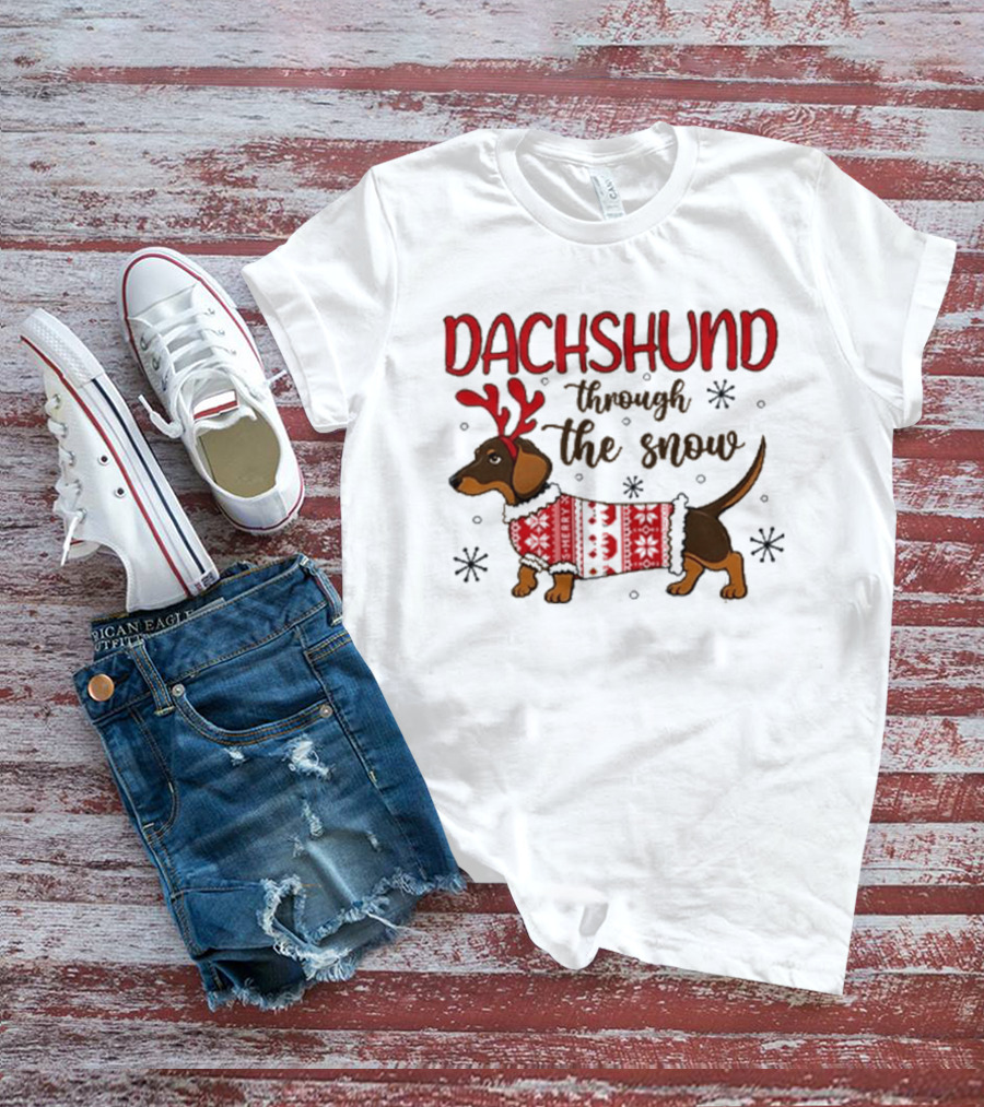Dachshund Through The Snow Christmas Sweater Reindeer Antlers T-Shirt
