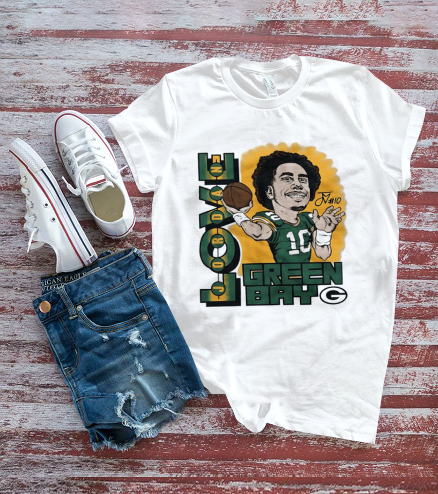 Green Bay Packers Jordan Love Caricature Player Number 10 Football T-Shirt