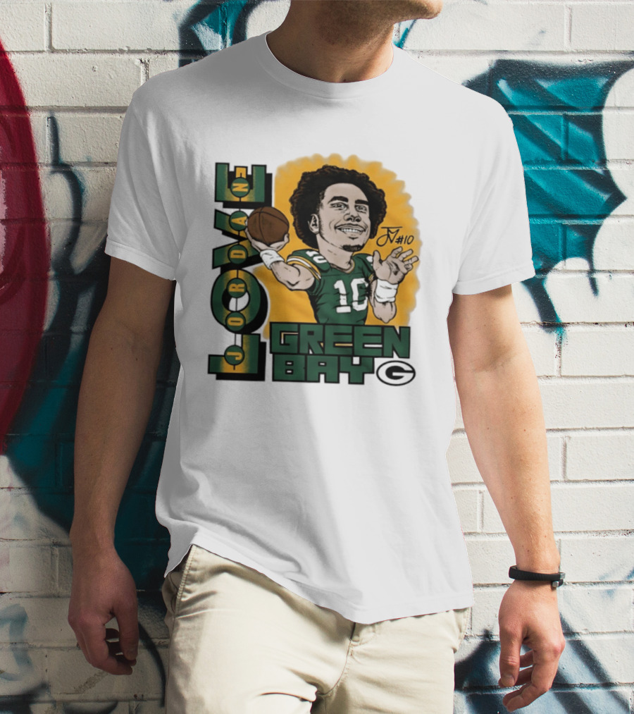 Green Bay Packers Jordan Love Caricature Player Number 10 Football T-Shirt