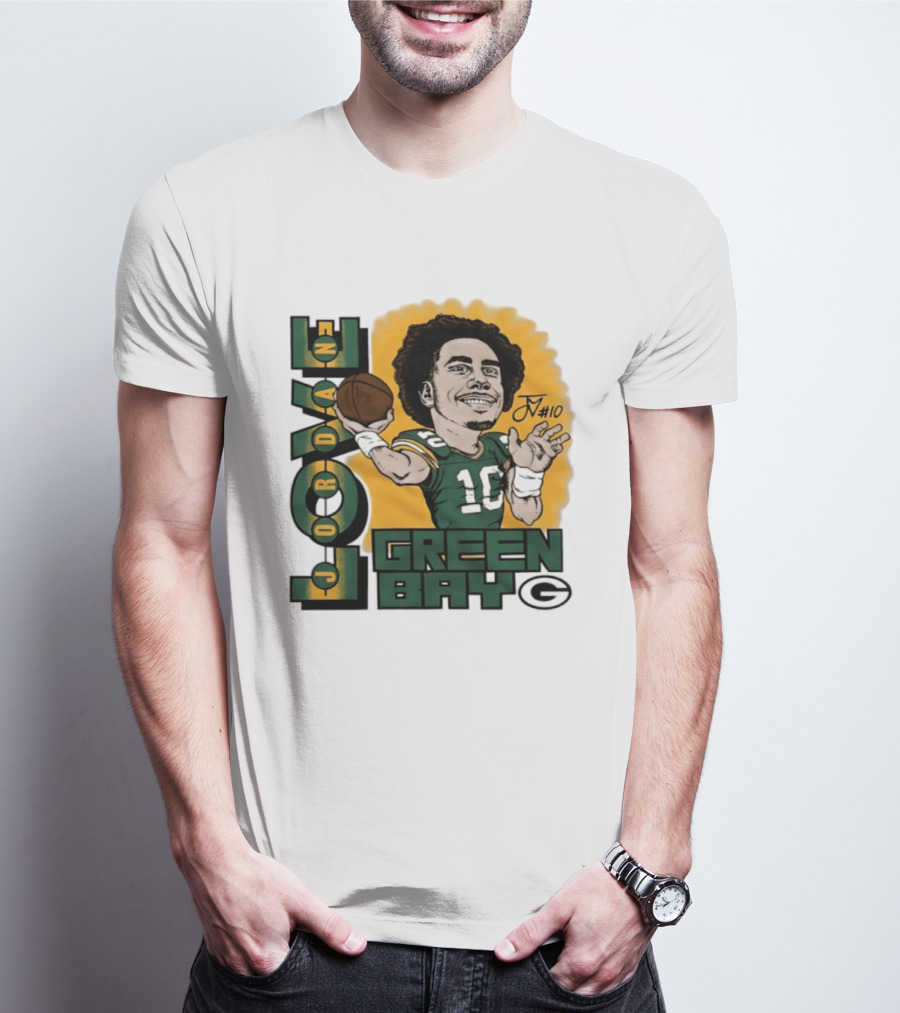 Green Bay Packers Jordan Love Caricature Player Number 10 Football T-Shirt