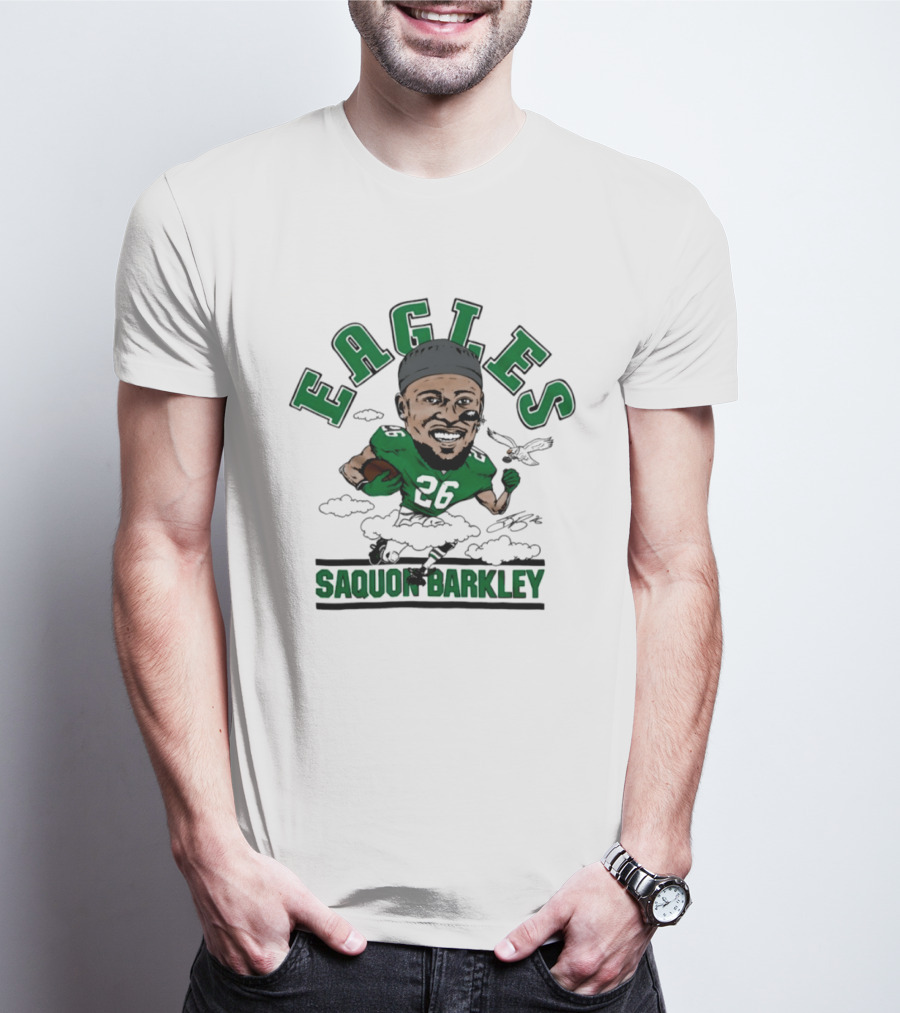 Eagles Saquon Barkley 26 Caricature Player Running Clouds T-Shirt
